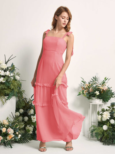 Carlyna Robe Trapèze Longueur Sol Col Droit Volants Mousseline demoiselle d'honneur Rose Corail #couleur_rose-corail
