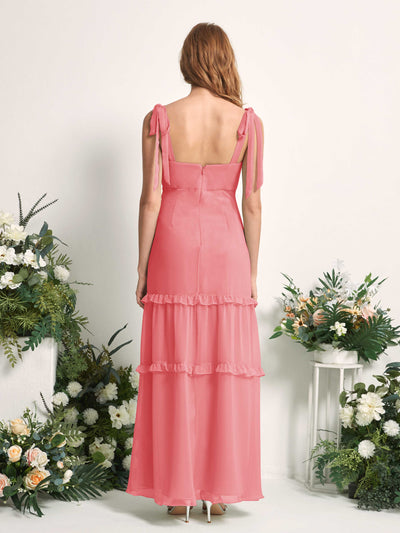 Carlyna Robe Trapèze Longueur Sol Col Droit Volants Mousseline demoiselle d'honneur Rose Corail #couleur_rose-corail