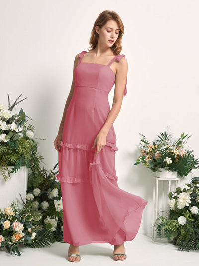 Carlyna Robe Trapèze Longueur Sol Col Droit Volants Mousseline demoiselle d'honneur Rose Du Désert #couleur_rose-du-d-sert