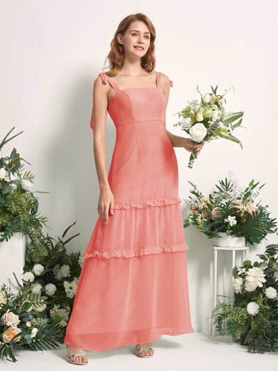 Carlyna Robe Trapèze Longueur Sol Col Droit Volants Mousseline demoiselle d'honneur Rose Pêche #couleur_rose-p-che