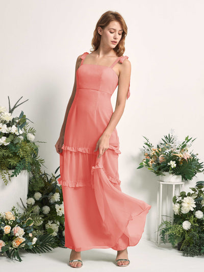 Carlyna Robe Trapèze Longueur Sol Col Droit Volants Mousseline demoiselle d'honneur Rose Pêche #couleur_rose-p-che