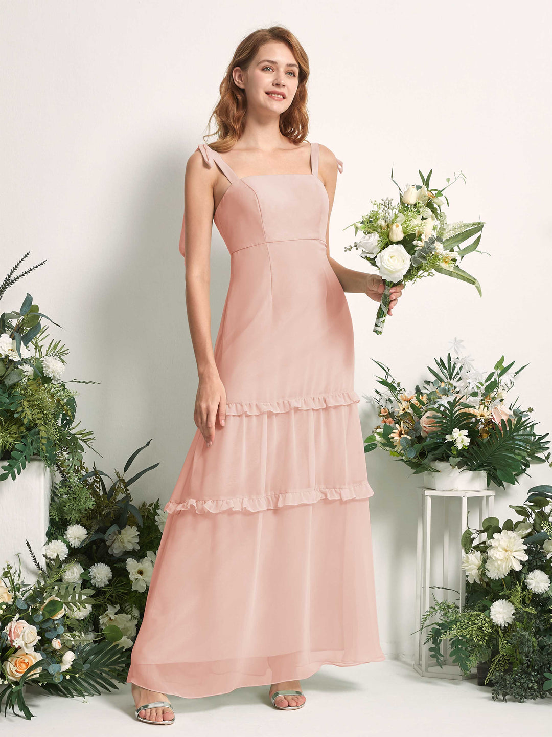 Carlyna Robe Trapèze Longueur Sol Col Droit Volants Mousseline demoiselle d&