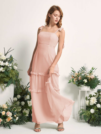 Carlyna Robe Trapèze Longueur Sol Col Droit Volants Mousseline demoiselle d'honneur Rose Perle #couleur_rose-perle