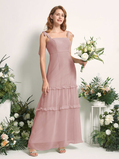 Carlyna Robe Trapèze Longueur Sol Col Droit Volants Mousseline demoiselle d'honneur Rose Poussiéreux #couleur_rose-poussi-reux