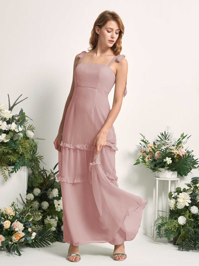Carlyna Robe Trapèze Longueur Sol Col Droit Volants Mousseline demoiselle d'honneur Rose Poussiéreux #couleur_rose-poussi-reux