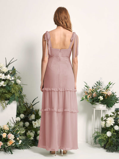 Carlyna Robe Trapèze Longueur Sol Col Droit Volants Mousseline demoiselle d'honneur Rose Poussiéreux #couleur_rose-poussi-reux