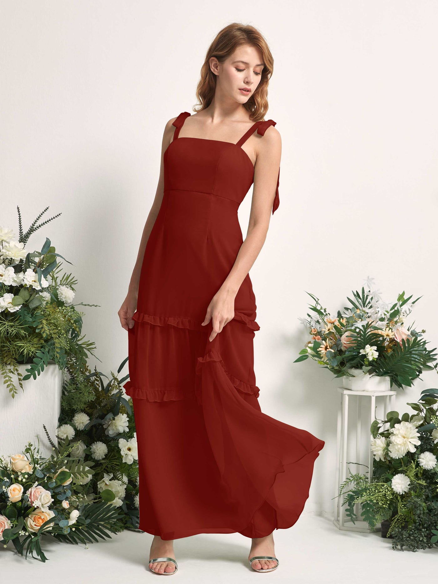 Carlyna Robe Trapèze Longueur Sol Col Droit Volants Mousseline demoiselle d'honneur Rouille #couleur_rouille