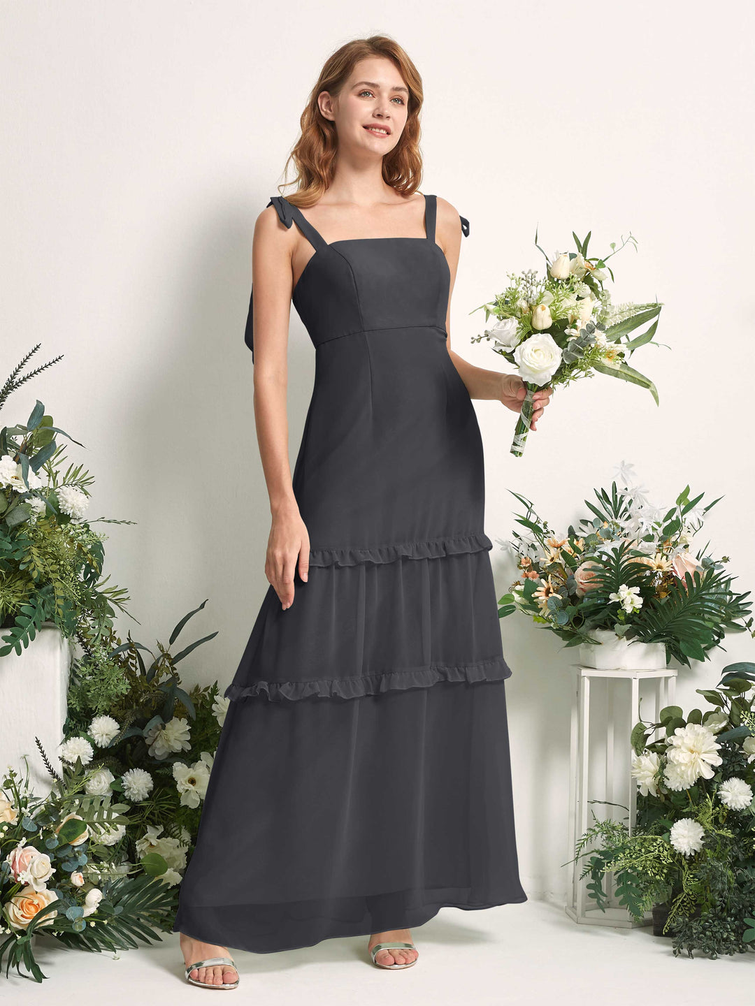 Carlyna Robe Trapèze Longueur Sol Col Droit Volants Mousseline demoiselle d&