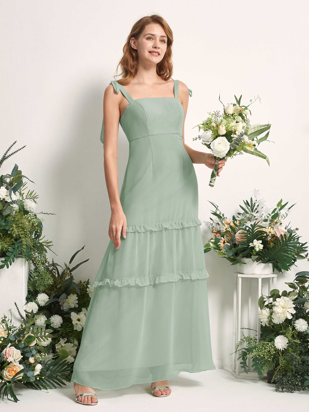 Carlyna Robe Trapèze Longueur Sol Col Droit Volants Mousseline demoiselle d&