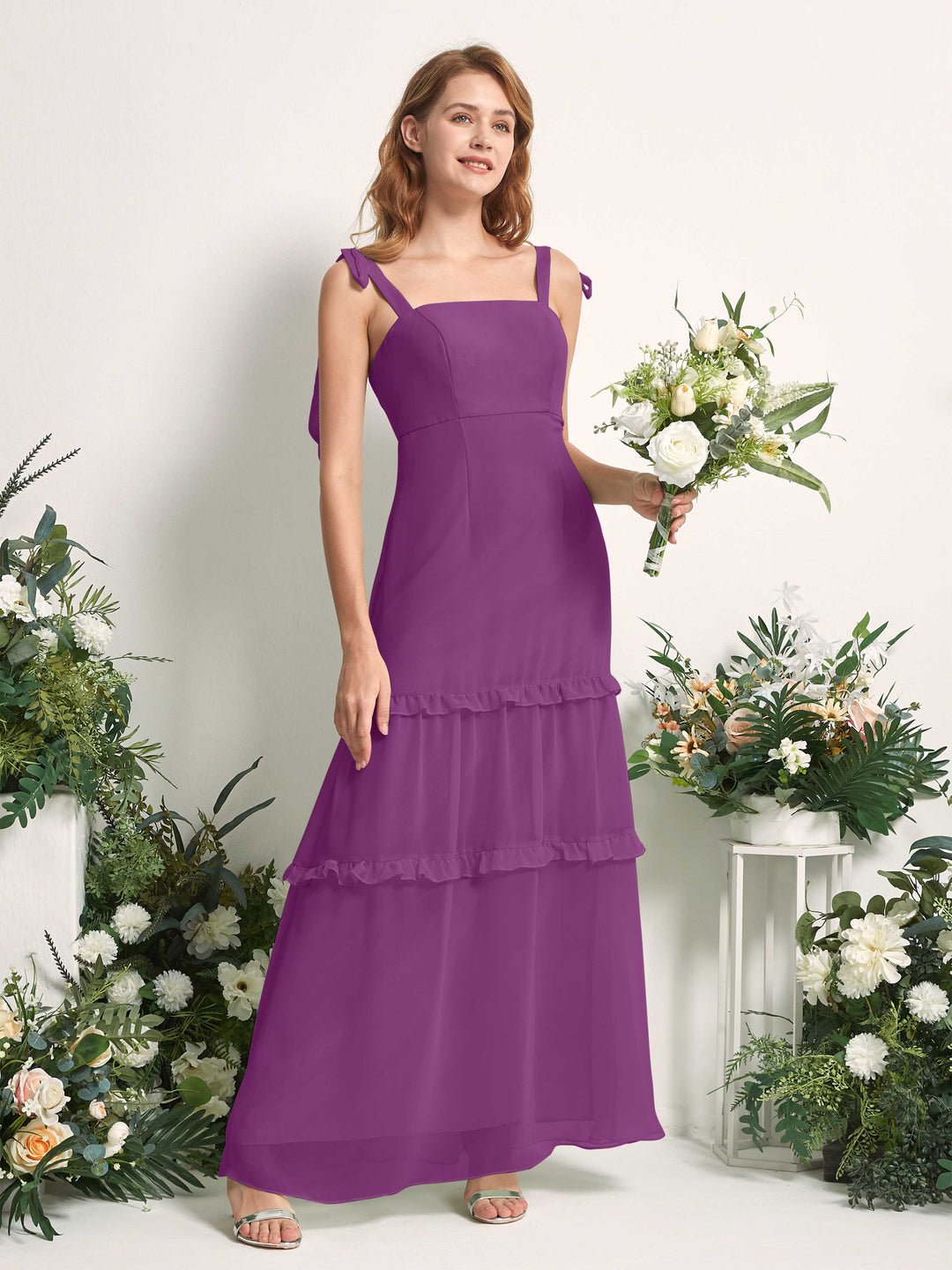 Carlyna Robe Trapèze Longueur Sol Col Droit Volants Mousseline demoiselle d&