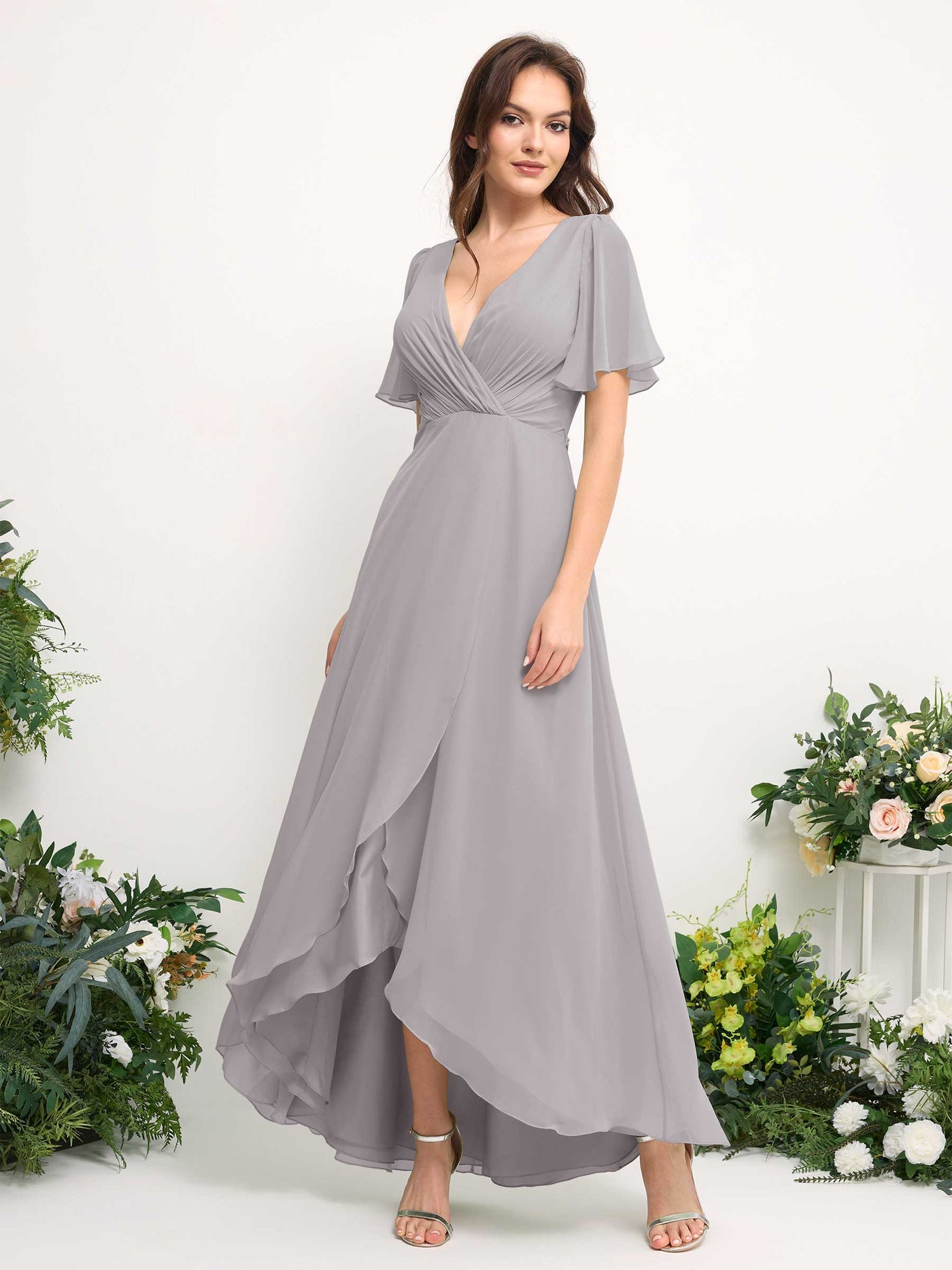 Carlyna Robe Trapèze Mousseline Col V Longueur ras du sol Robe de demoiselle d'honneur Argent #couleur_argent