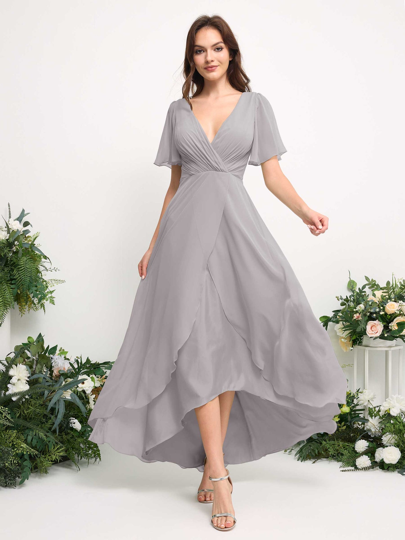 Carlyna Robe Trapèze Mousseline Col V Longueur ras du sol Robe de demoiselle d'honneur Argent #couleur_argent