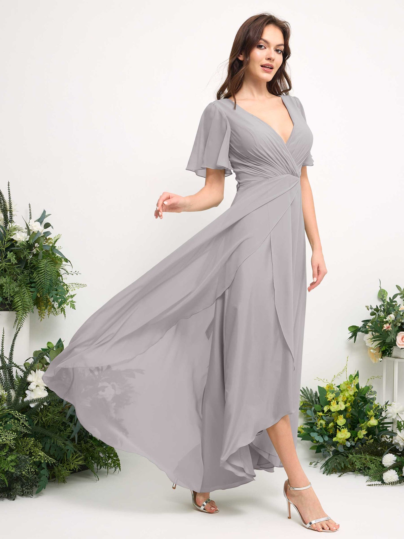Carlyna Robe Trapèze Mousseline Col V Longueur ras du sol Robe de demoiselle d'honneur Argent #couleur_argent