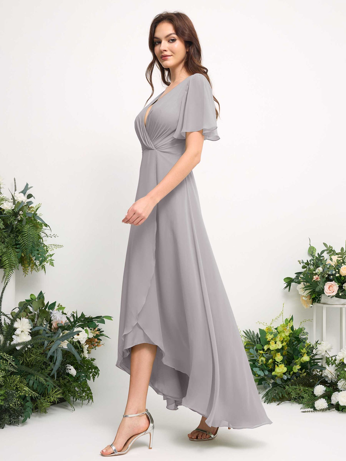 Carlyna Robe Trapèze Mousseline Col V Longueur ras du sol Robe de demoiselle d'honneur Argent #couleur_argent