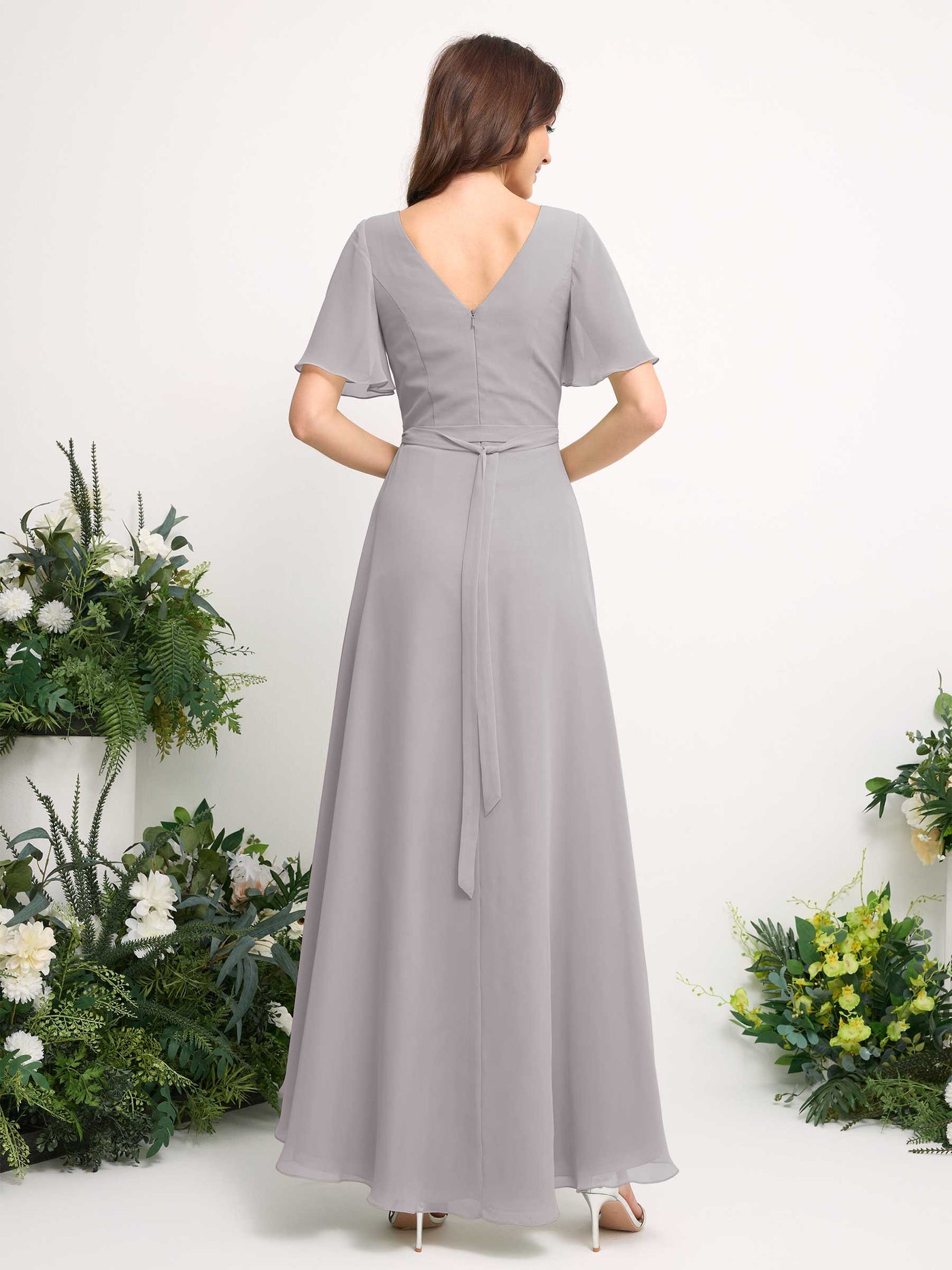Carlyna Robe Trapèze Mousseline Col V Longueur ras du sol Robe de demoiselle d'honneur Argent #couleur_argent