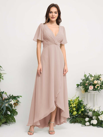 Carlyna Robe Trapèze Mousseline Col V Longueur ras du sol Robe de demoiselle d'honneur Biscotti #couleur_biscotti