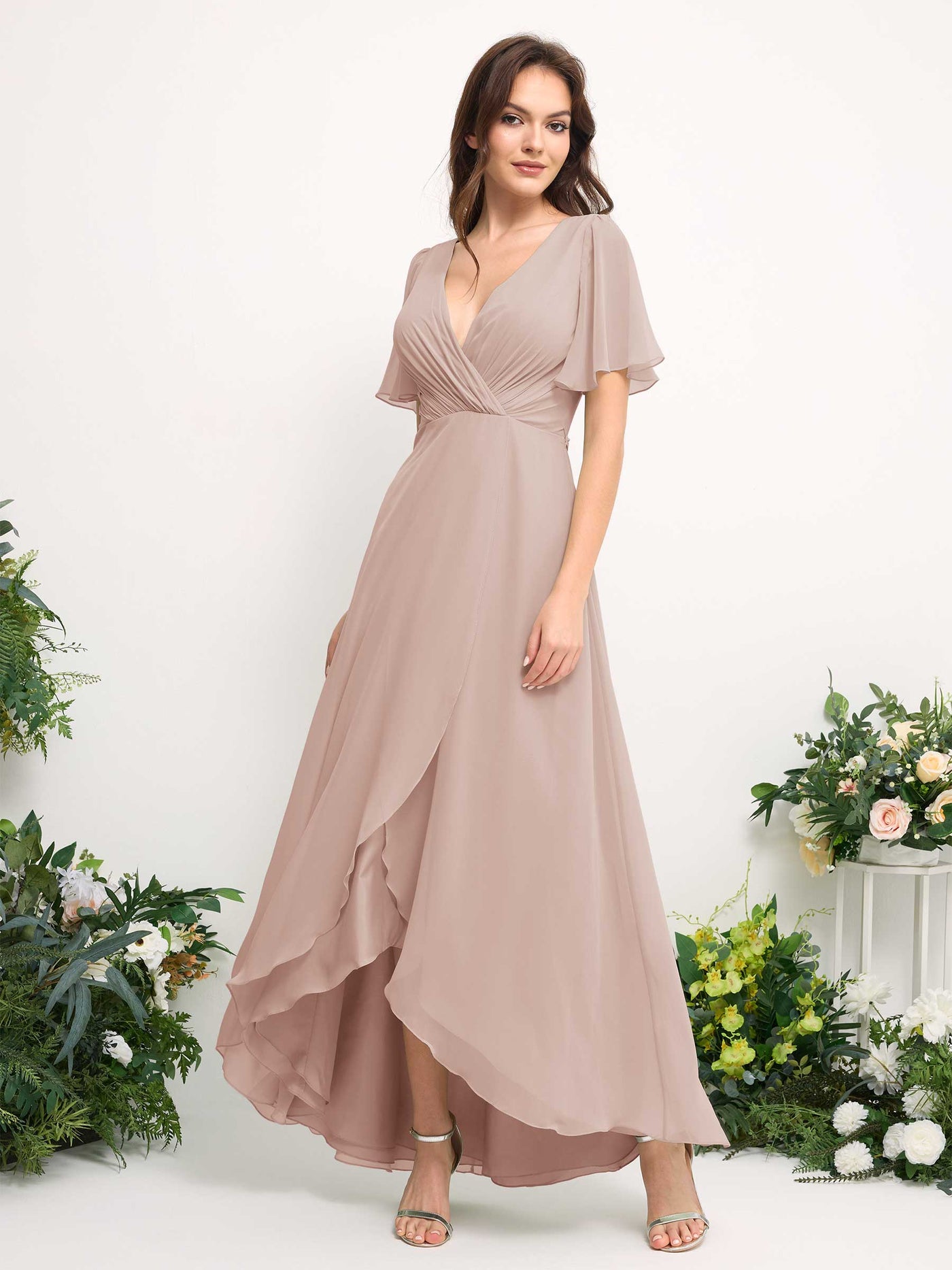 Carlyna Robe Trapèze Mousseline Col V Longueur ras du sol Robe de demoiselle d'honneur Biscotti #couleur_biscotti