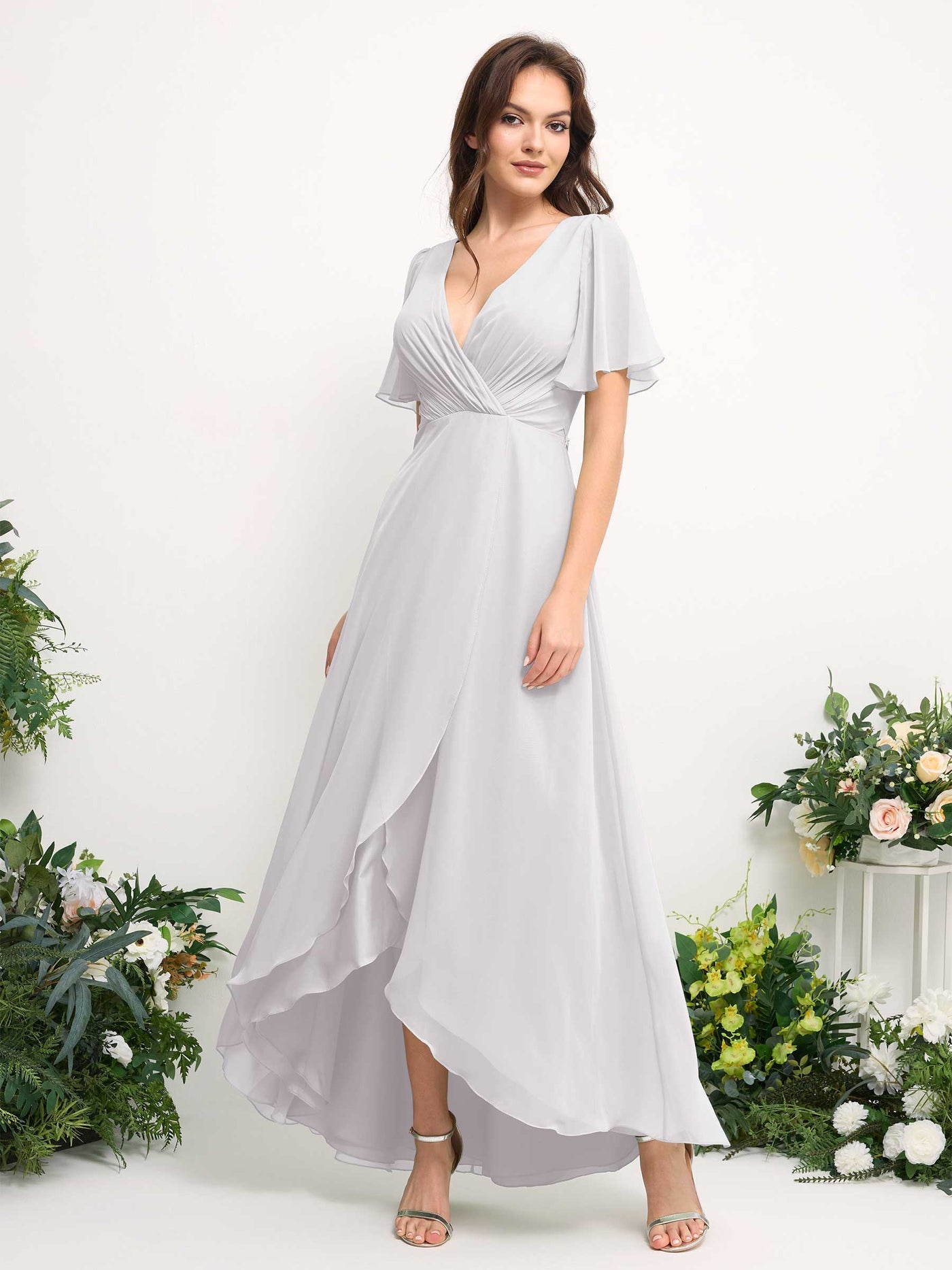Carlyna Robe Trapèze Mousseline Col V Longueur ras du sol Robe de demoiselle d'honneur Blanc #couleur_blanc