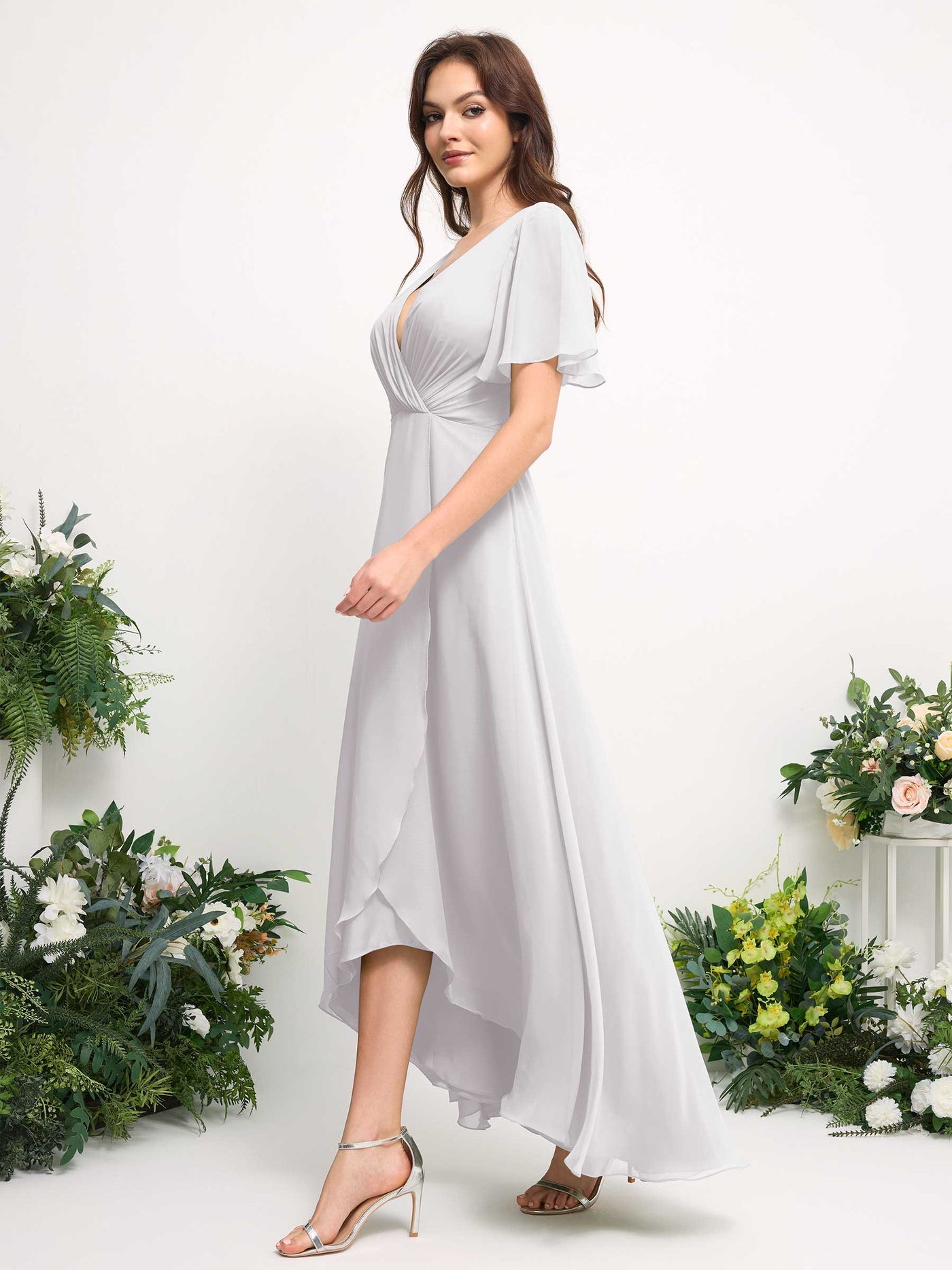 Carlyna Robe Trapèze Mousseline Col V Longueur ras du sol Robe de demoiselle d'honneur Blanc #couleur_blanc