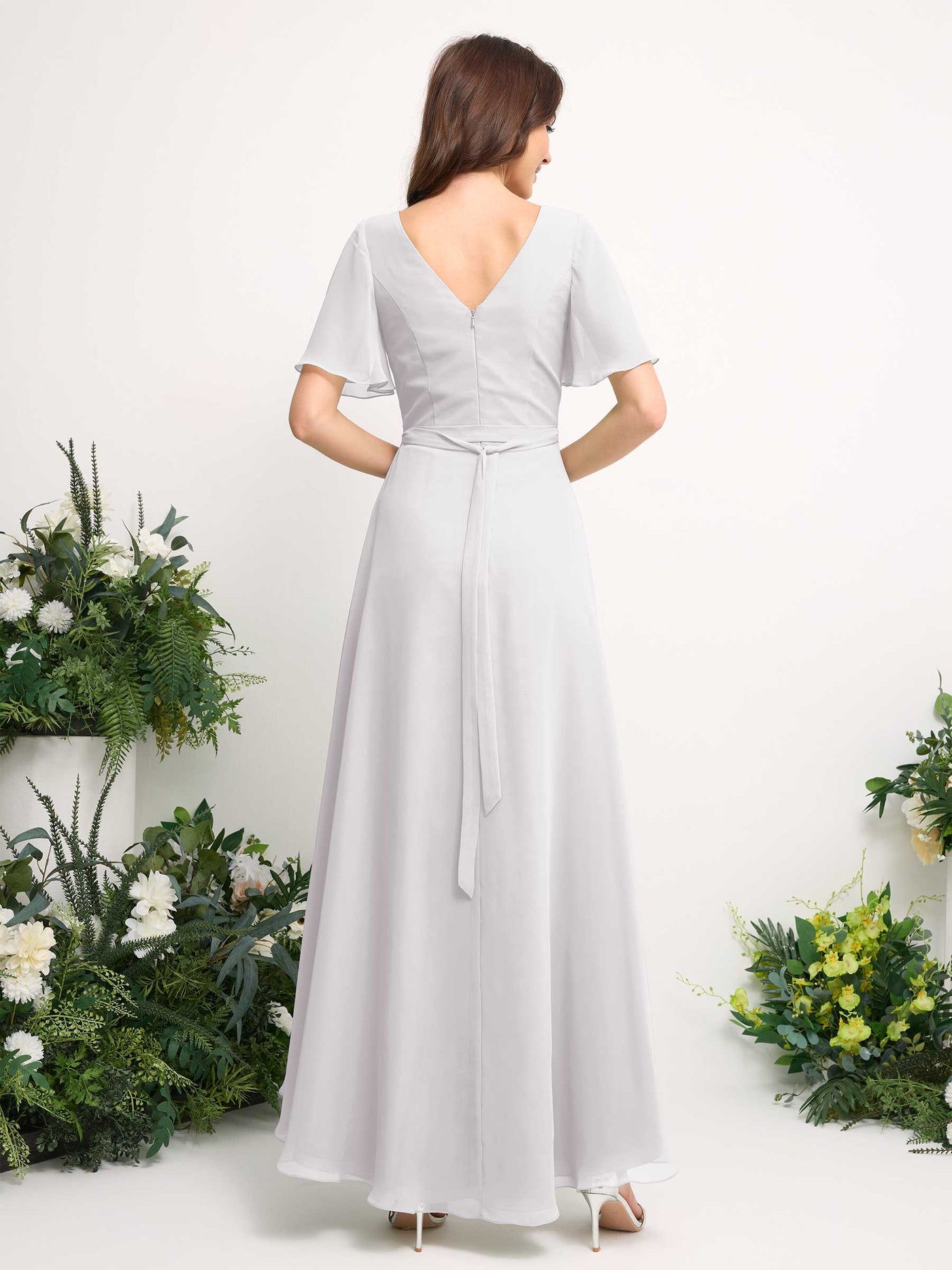 Carlyna Robe Trapèze Mousseline Col V Longueur ras du sol Robe de demoiselle d'honneur Blanc #couleur_blanc