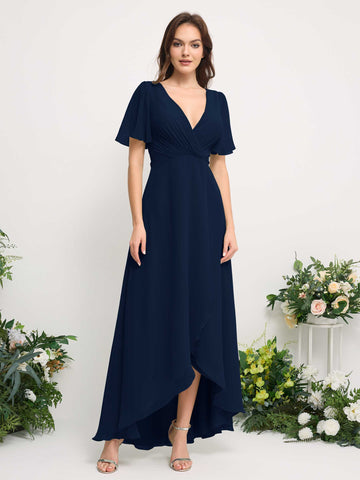 Carlyna Robe Trapèze Mousseline Col V Longueur ras du sol Robe de demoiselle d'honneur Bleu Marine #couleur_bleu-marine