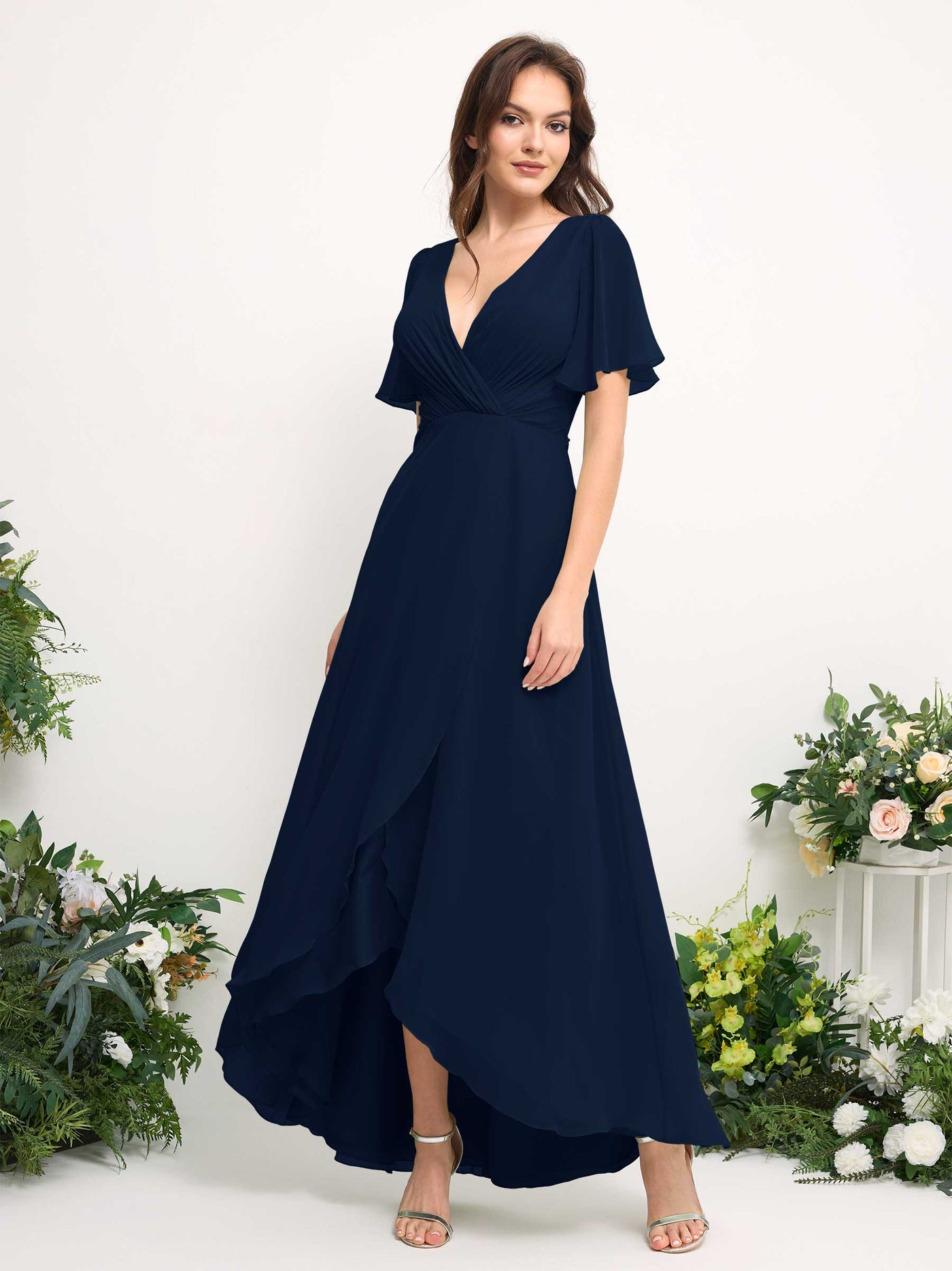 Carlyna Robe Trapèze Mousseline Col V Longueur ras du sol Robe de demoiselle d'honneur Bleu Marine #couleur_bleu-marine