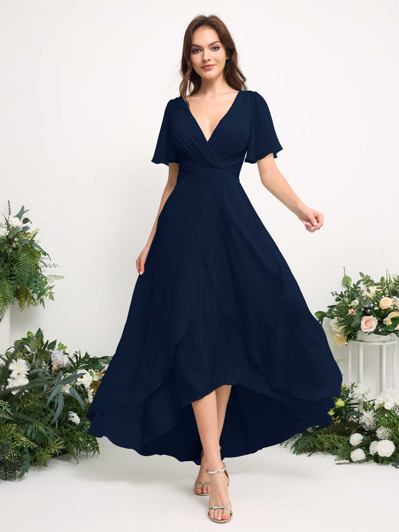 Carlyna Robe Trapèze Mousseline Col V Longueur ras du sol Robe de demoiselle d'honneur Bleu Marine #couleur_bleu-marine
