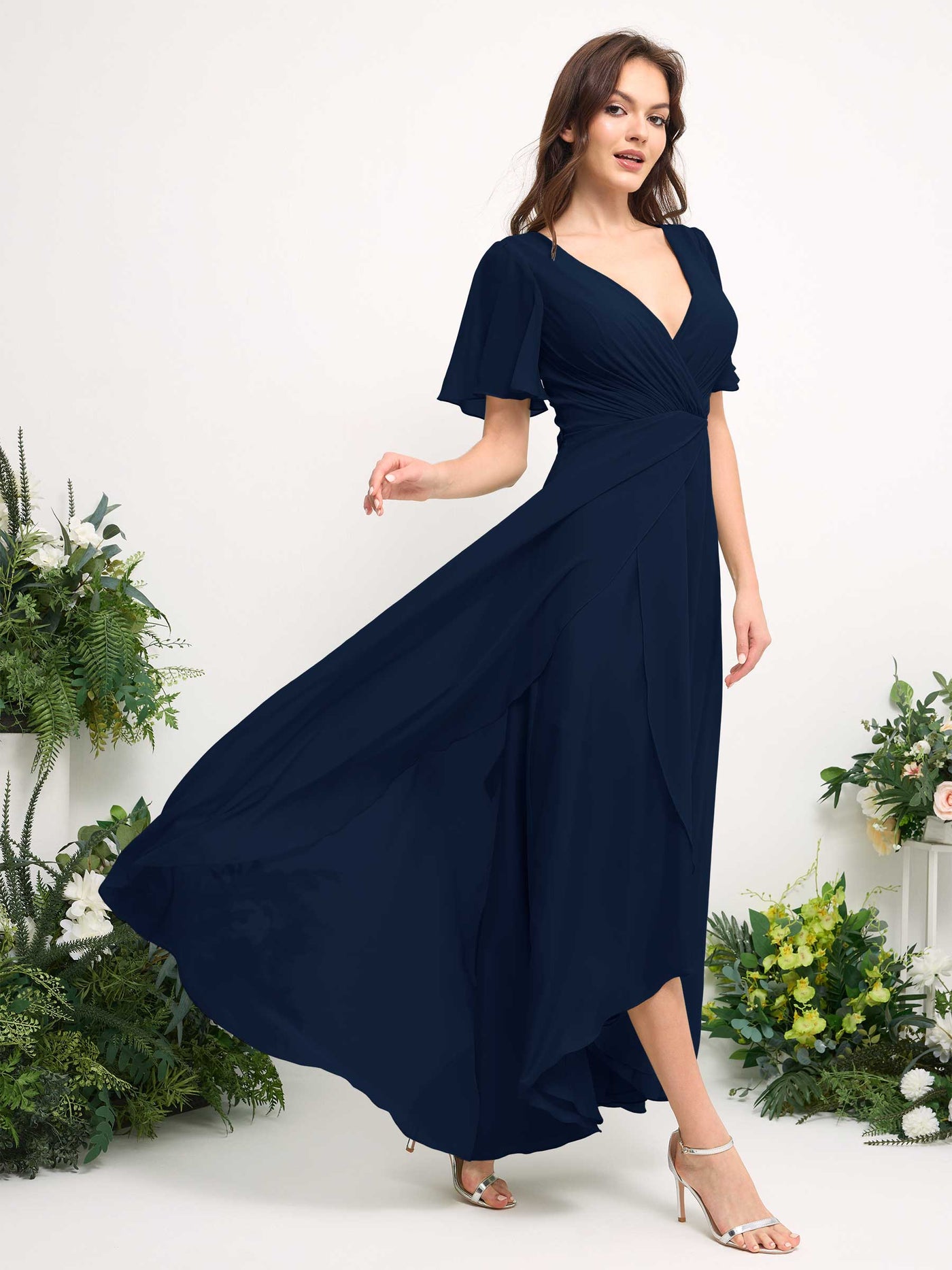 Carlyna Robe Trapèze Mousseline Col V Longueur ras du sol Robe de demoiselle d'honneur Bleu Marine #couleur_bleu-marine