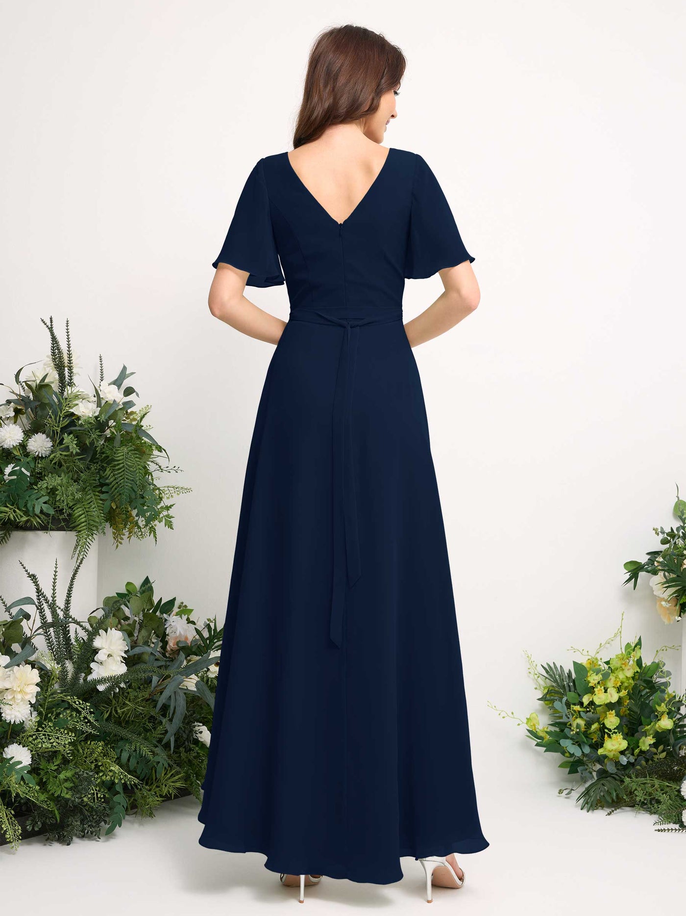 Carlyna Robe Trapèze Mousseline Col V Longueur ras du sol Robe de demoiselle d'honneur Bleu Marine #couleur_bleu-marine