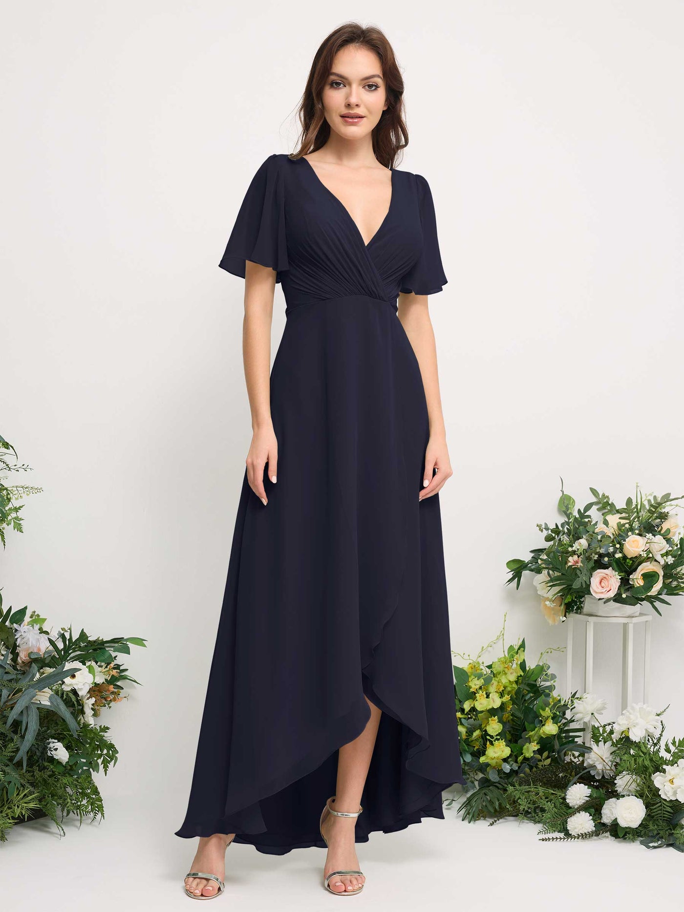 Carlyna Robe Trapèze Mousseline Col V Longueur ras du sol Robe de demoiselle d'honneur Bleu Marine Foncé #couleur_bleu-marine-fonc