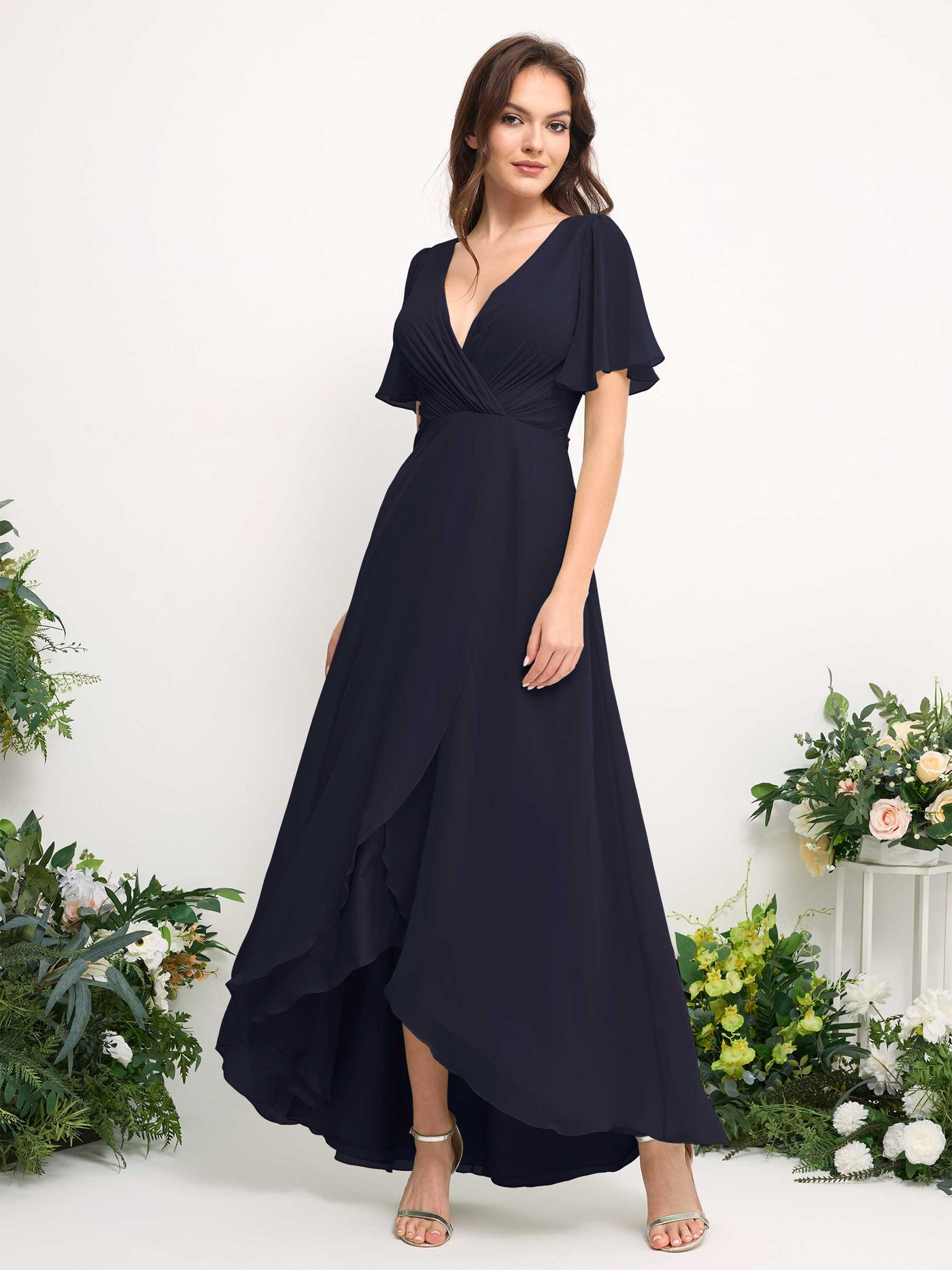 Carlyna Robe Trapèze Mousseline Col V Longueur ras du sol Robe de demoiselle d'honneur Bleu Marine Foncé #couleur_bleu-marine-fonc