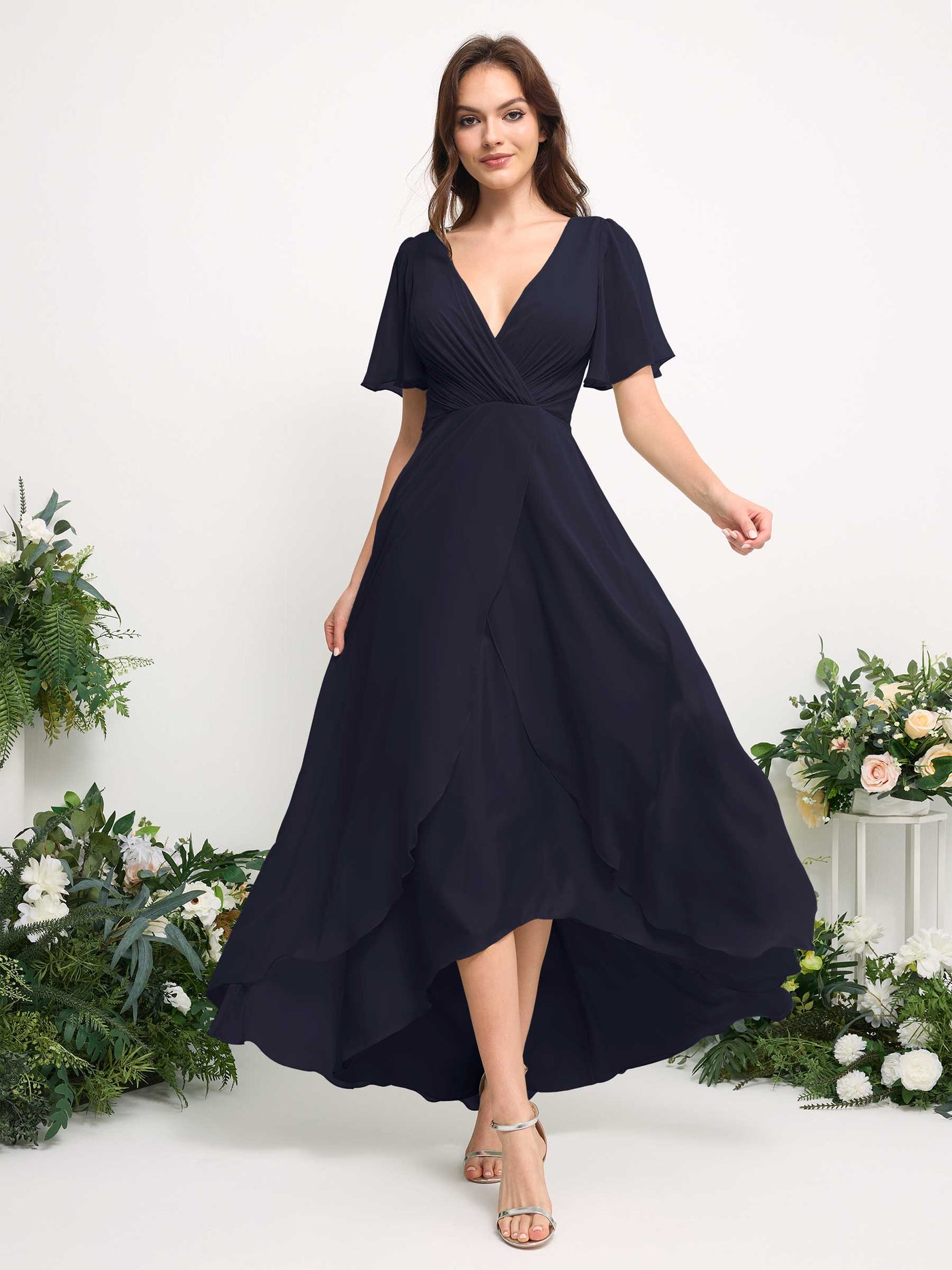 Carlyna Robe Trapèze Mousseline Col V Longueur ras du sol Robe de demoiselle d'honneur Bleu Marine Foncé #couleur_bleu-marine-fonc