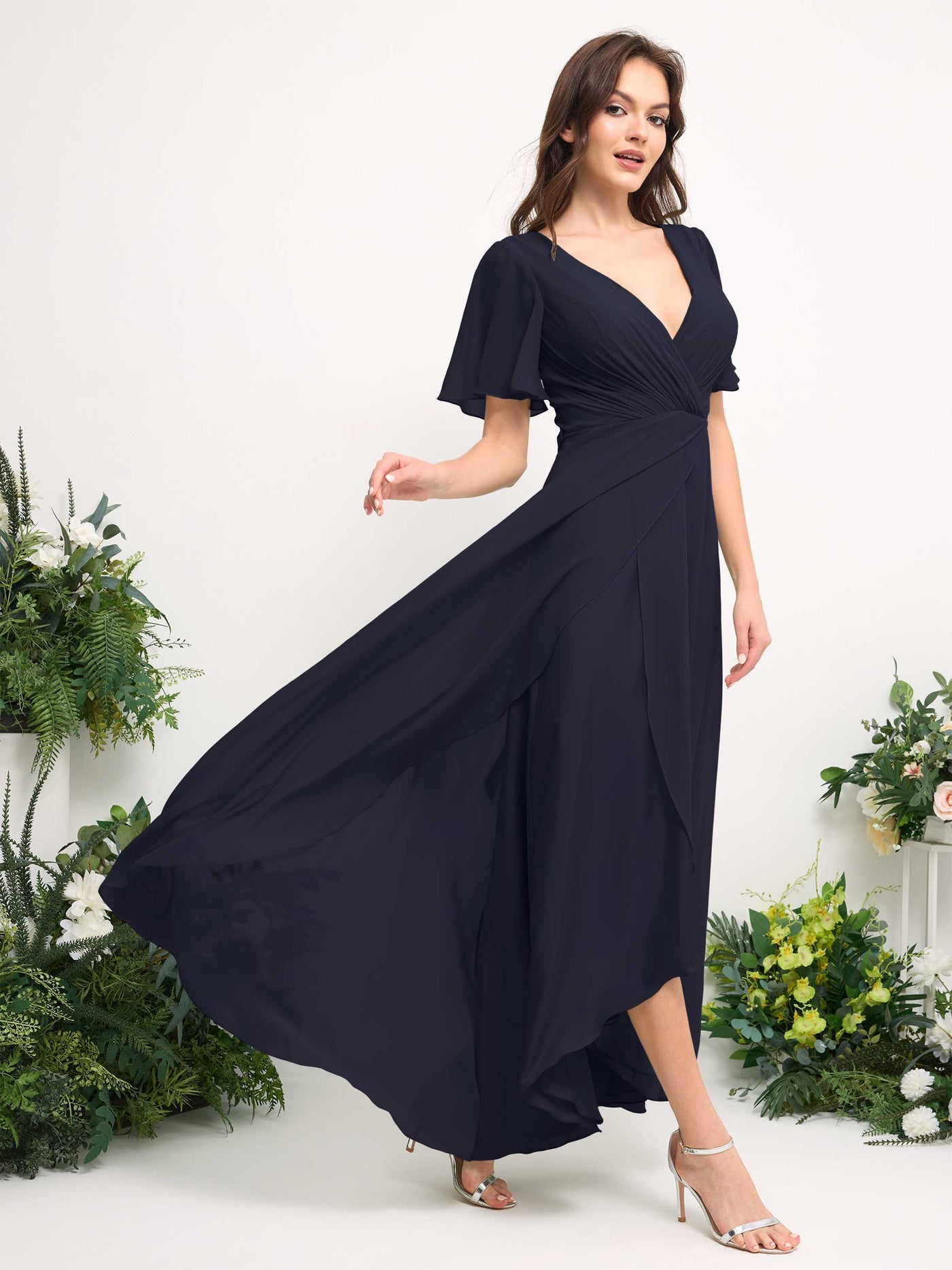 Carlyna Robe Trapèze Mousseline Col V Longueur ras du sol Robe de demoiselle d'honneur Bleu Marine Foncé #couleur_bleu-marine-fonc