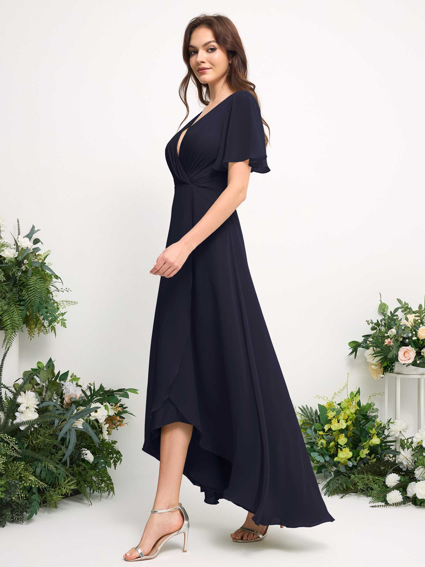 Carlyna Robe Trapèze Mousseline Col V Longueur ras du sol Robe de demoiselle d'honneur Bleu Marine Foncé #couleur_bleu-marine-fonc