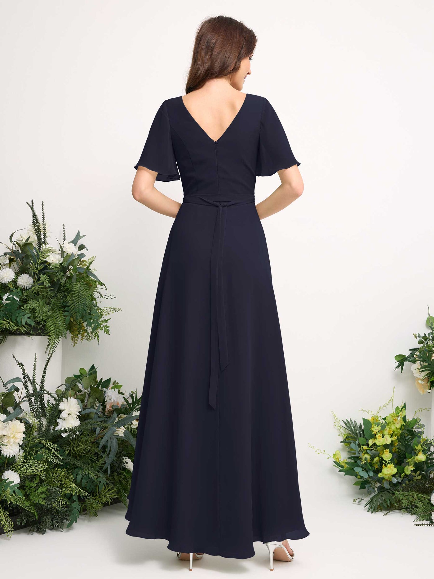 Carlyna Robe Trapèze Mousseline Col V Longueur ras du sol Robe de demoiselle d'honneur Bleu Marine Foncé #couleur_bleu-marine-fonc