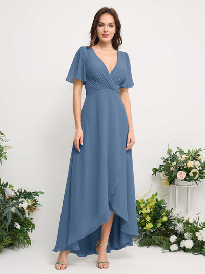 Carlyna Robe Trapèze Mousseline Col V Longueur ras du sol Robe de demoiselle d'honneur Bleu Poussiéreux #couleur_bleu-poussi-reux
