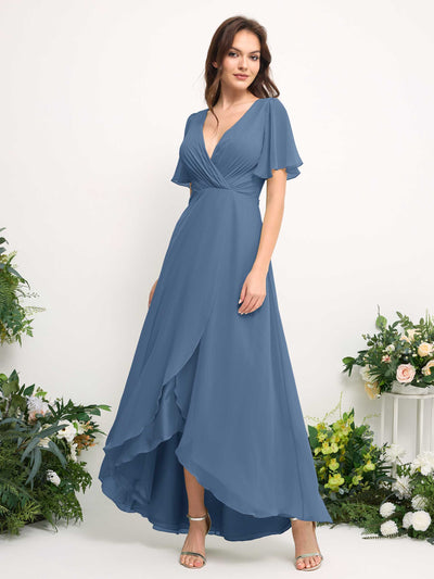Carlyna Robe Trapèze Mousseline Col V Longueur ras du sol Robe de demoiselle d'honneur Bleu Poussiéreux #couleur_bleu-poussi-reux
