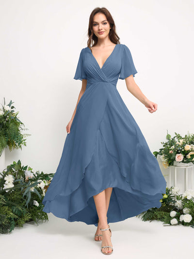 Carlyna Robe Trapèze Mousseline Col V Longueur ras du sol Robe de demoiselle d'honneur Bleu Poussiéreux #couleur_bleu-poussi-reux