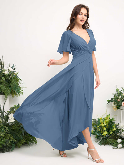 Carlyna Robe Trapèze Mousseline Col V Longueur ras du sol Robe de demoiselle d'honneur Bleu Poussiéreux #couleur_bleu-poussi-reux