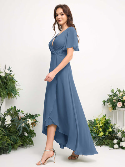 Carlyna Robe Trapèze Mousseline Col V Longueur ras du sol Robe de demoiselle d'honneur Bleu Poussiéreux #couleur_bleu-poussi-reux