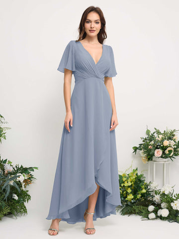 Carlyna Robe Trapèze Mousseline Col V Longueur ras du sol Robe de demoiselle d'honneur Bleu Poussiéreux Amélioré #couleur_bleu-poussi-reux-am-lior