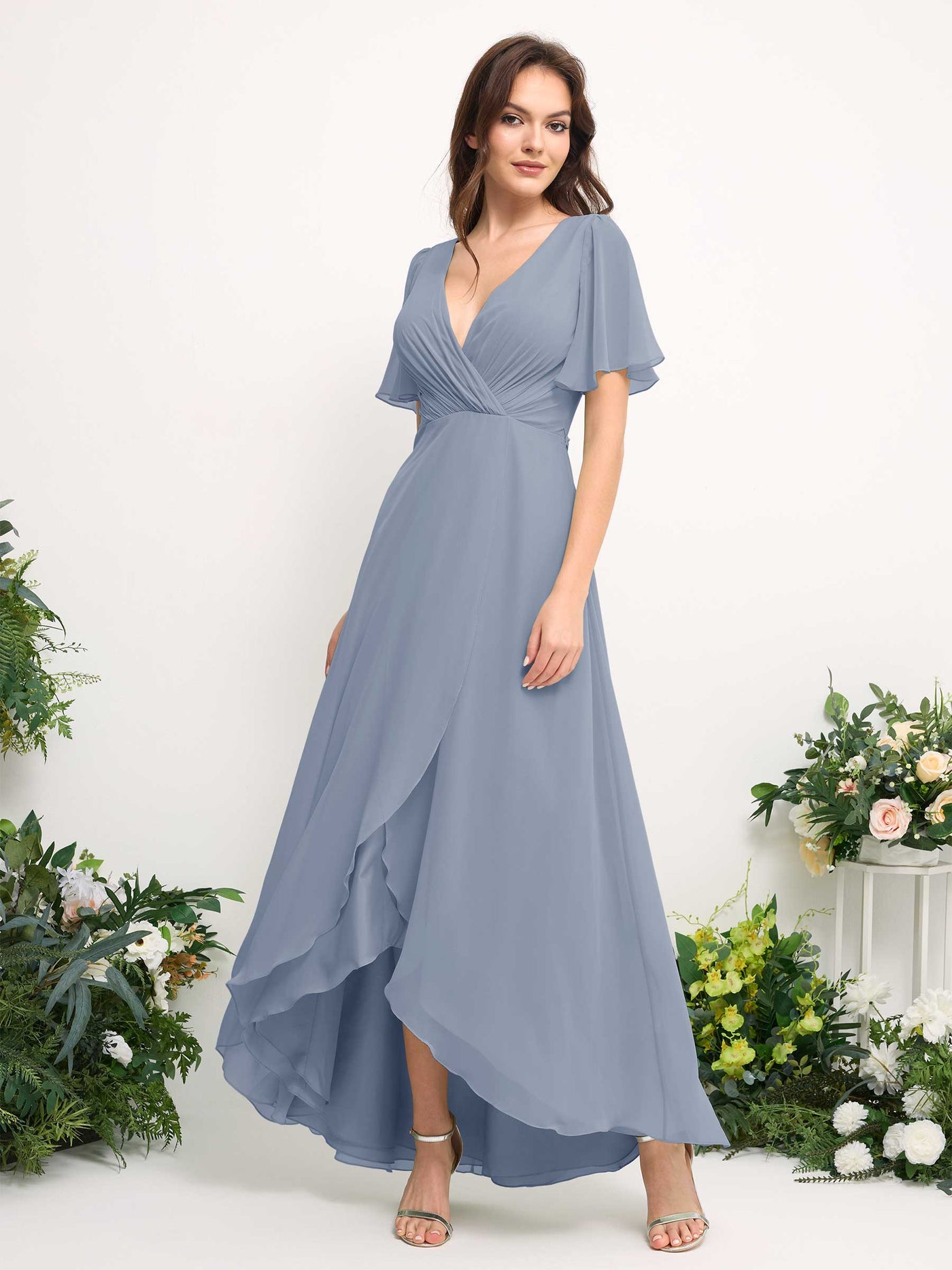 Carlyna Robe Trapèze Mousseline Col V Longueur ras du sol Robe de demoiselle d'honneur Bleu Poussiéreux Amélioré #couleur_bleu-poussi-reux-am-lior
