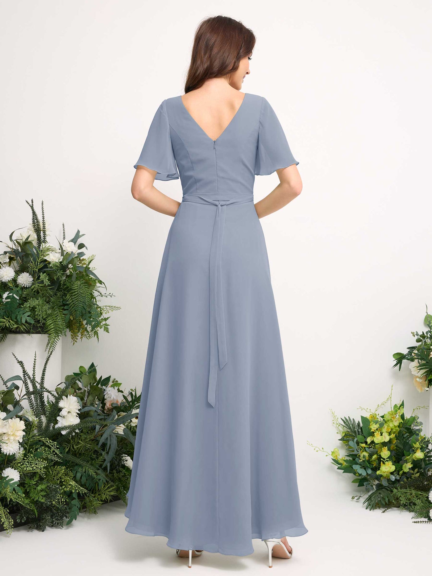 Carlyna Robe Trapèze Mousseline Col V Longueur ras du sol Robe de demoiselle d'honneur Bleu Poussiéreux Amélioré #couleur_bleu-poussi-reux-am-lior