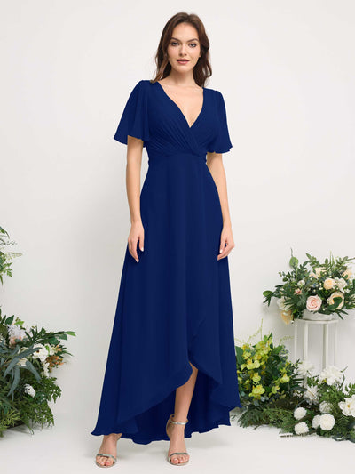 Carlyna Robe Trapèze Mousseline Col V Longueur ras du sol Robe de demoiselle d'honneur Bleu Roi #couleur_bleu-roi