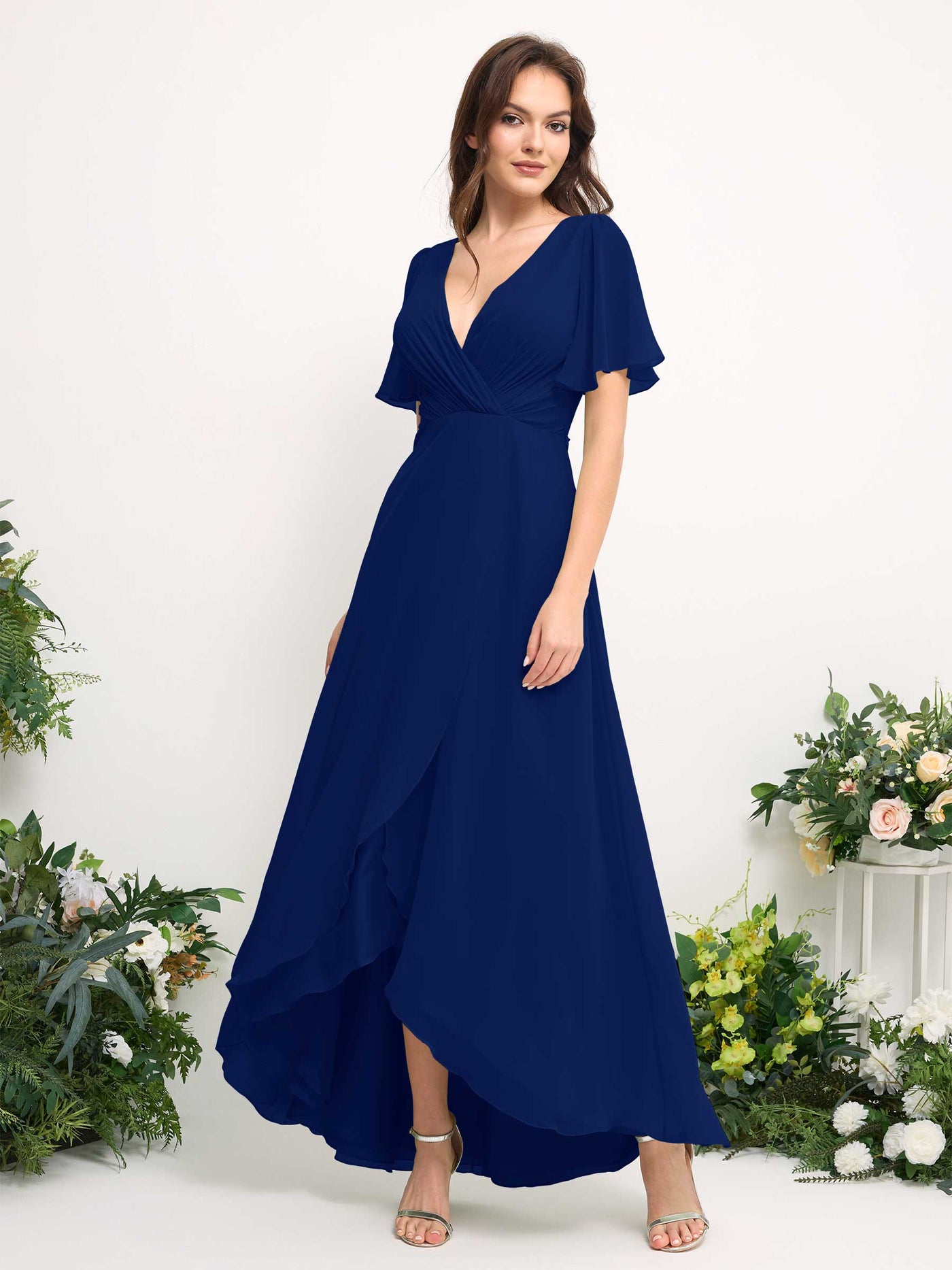 Carlyna Robe Trapèze Mousseline Col V Longueur ras du sol Robe de demoiselle d'honneur Bleu Roi #couleur_bleu-roi