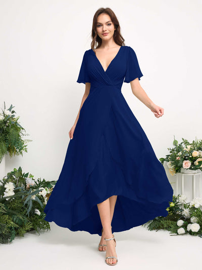 Carlyna Robe Trapèze Mousseline Col V Longueur ras du sol Robe de demoiselle d'honneur Bleu Roi #couleur_bleu-roi