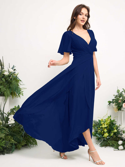 Carlyna Robe Trapèze Mousseline Col V Longueur ras du sol Robe de demoiselle d'honneur Bleu Roi #couleur_bleu-roi