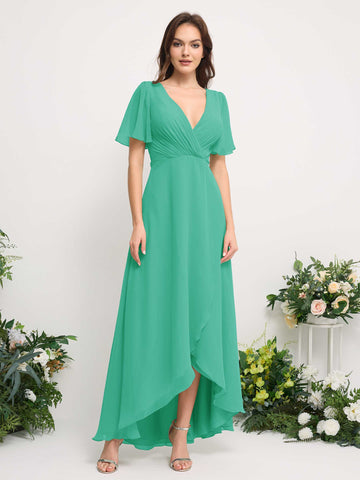 Carlyna Robe Trapèze Mousseline Col V Longueur ras du sol Robe de demoiselle d'honneur Bleu Tiffany #couleur_bleu-tiffany