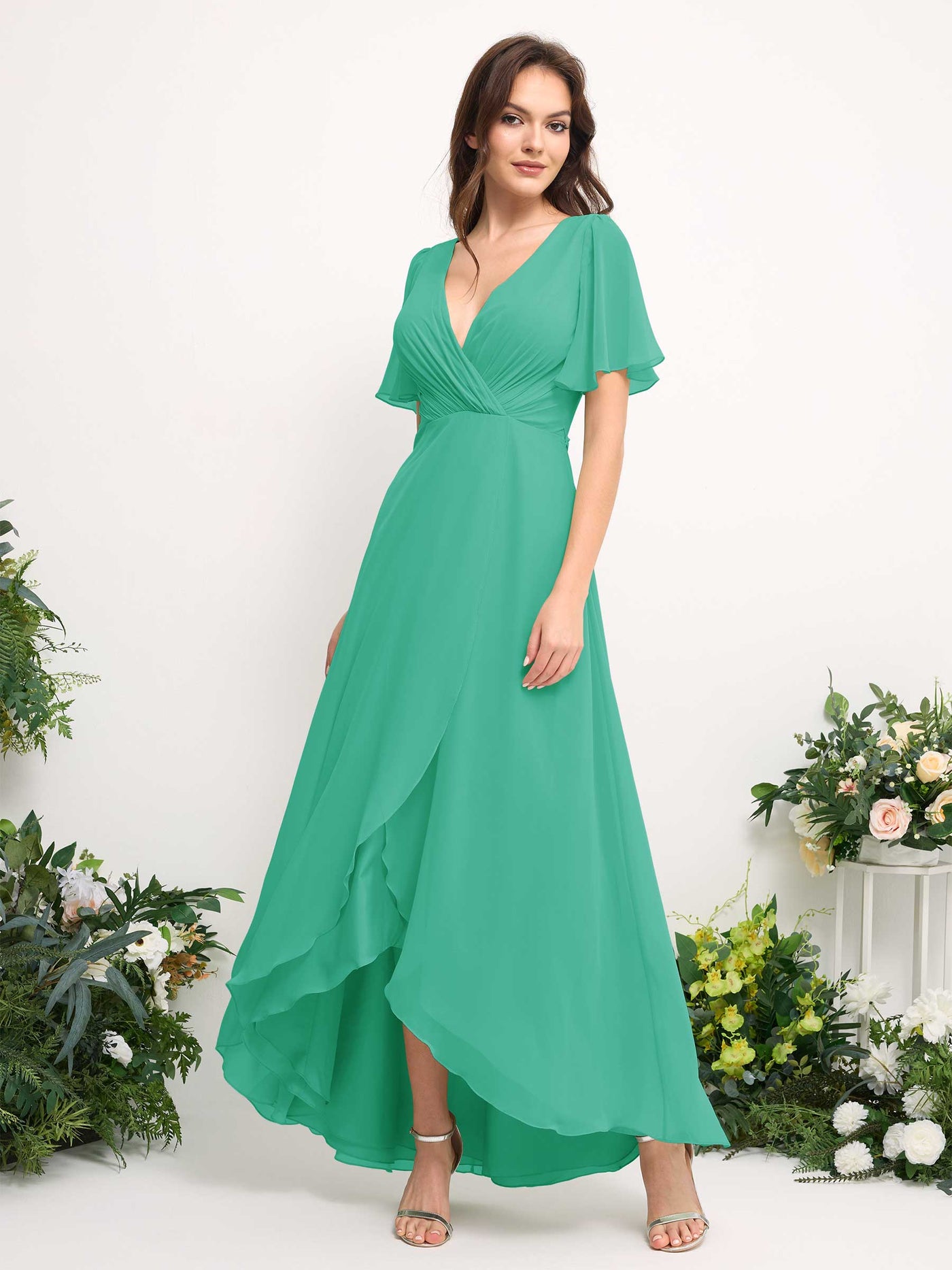 Carlyna Robe Trapèze Mousseline Col V Longueur ras du sol Robe de demoiselle d'honneur Bleu Tiffany #couleur_bleu-tiffany