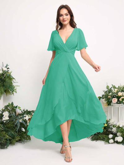 Carlyna Robe Trapèze Mousseline Col V Longueur ras du sol Robe de demoiselle d'honneur Bleu Tiffany #couleur_bleu-tiffany